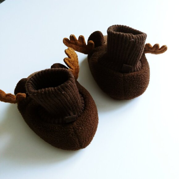 Joe Fresh Brown Fleece Moose 3D Ears and Antlers  Baby Booties 0-6 Months - Picture 8 of 10